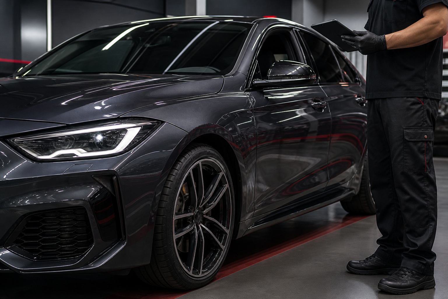 Technician inspecting a vehicle with a diagnostic tablet